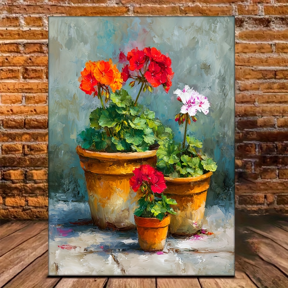 TEMU 2d Flat, 2d Flat, 1pc, With Frame, 30.48x40.64cm [] Hd Oil Painting Geranium Oil Painting Neutral Flowers Artwork Farmhouse Decor Geranium Pots