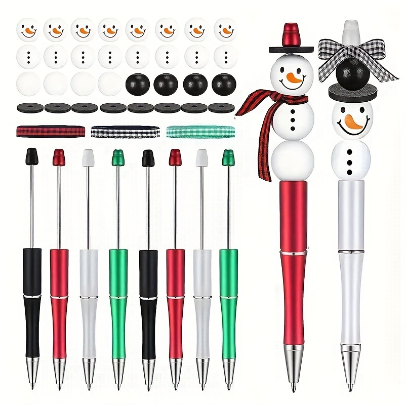 

Diy Beaded Pen Set Of 4 - Snowman Bead Pens With Checkered Ribbon, Plastic Material, Black Ink, Ideal For Winter Gifts And School/office Supplies