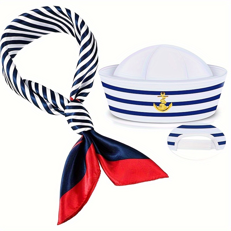 1 Set Sailor Hat And Scarf Set, Cap With , 100% Polyester Soft Non-stretch Fabric, Hand Washable, , For Summer Beach & Dressing Up Parties