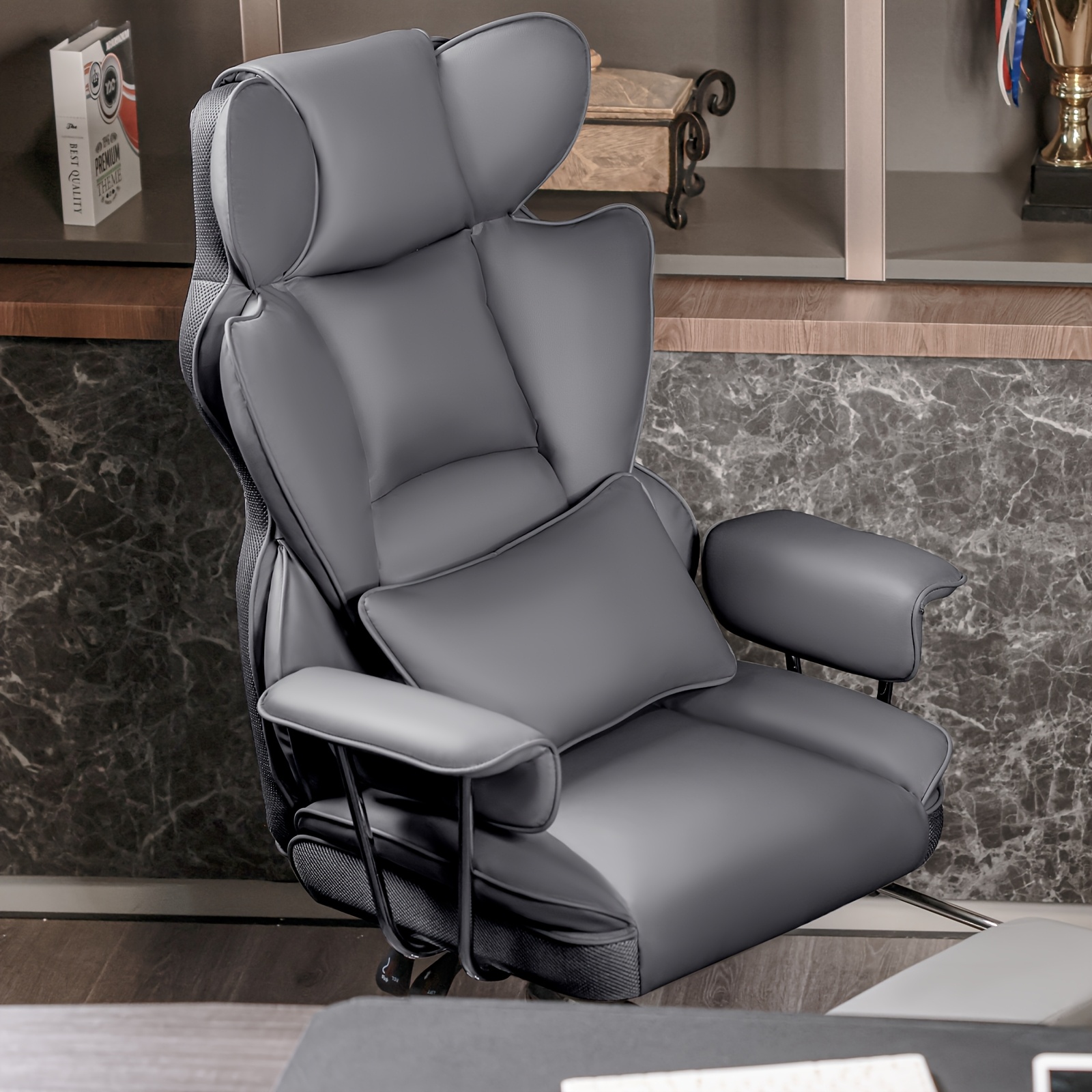 Sedia Da Ufficio Ergonomica Grande E Alta Con Poggiapiedi Reclinabile | Poltrona Direzionale In Pelle Con Supporto Lombare Grigia