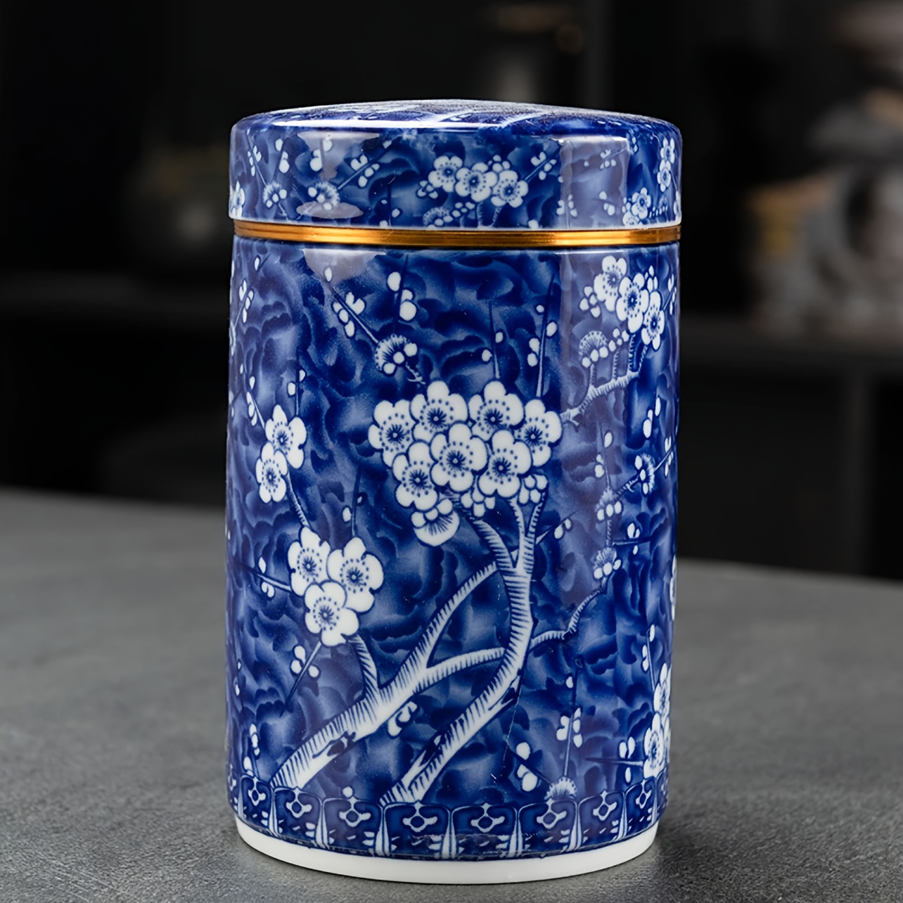 Straight-sided Blue And Plum Ceramic Tea Canister, Airtight Storage Jar, High-end Household Container, Chinese Creative Decorative Piece