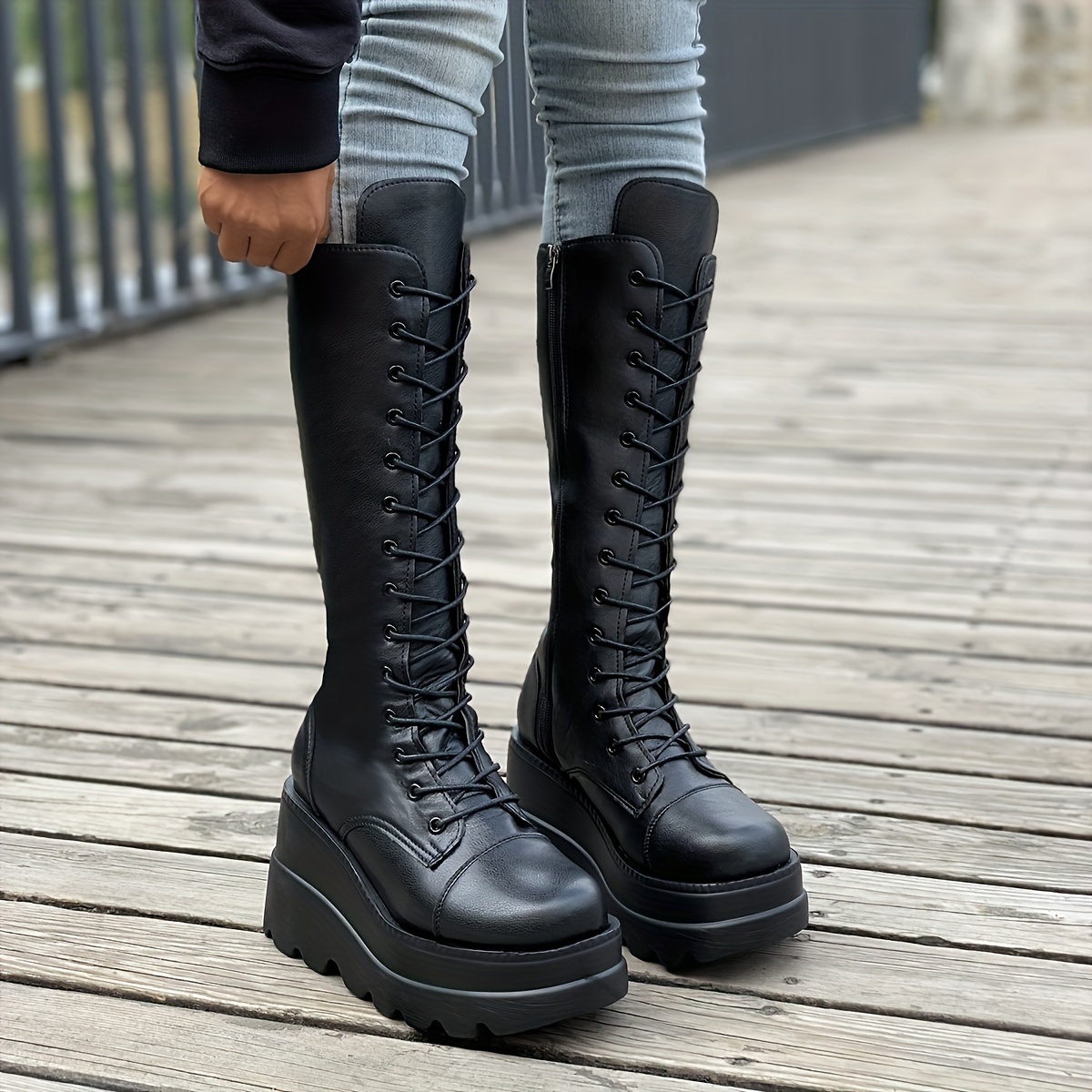 womens black platform wedge   calf boots fashionable lace up with thick sole comfortable fabric lining ideal for   0