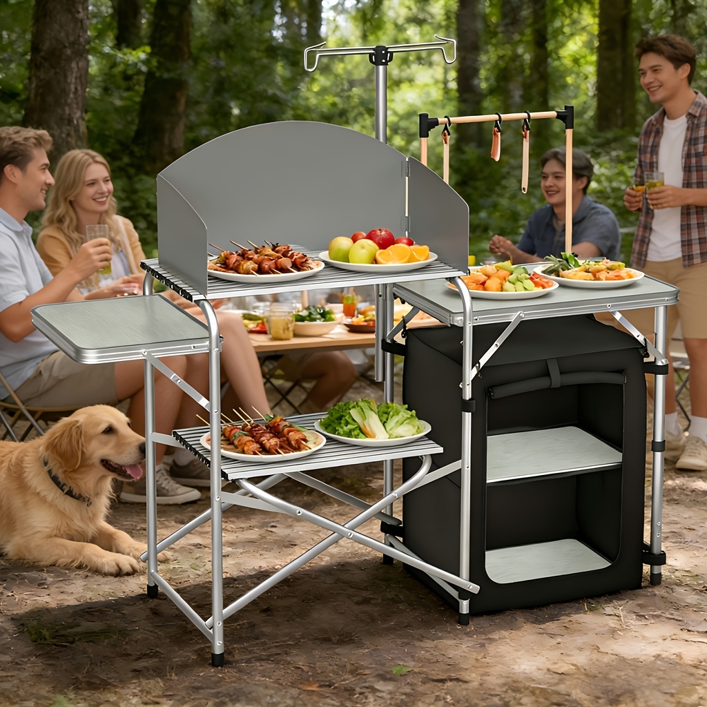 E-shop Klappbarer Camping-Schrank, Camping-Küche, Camping-Küchentisch, Küchenschrank mit 3 Arbeitsplatten, Lichtstativ, abnehmbarer Windschutzscheibe