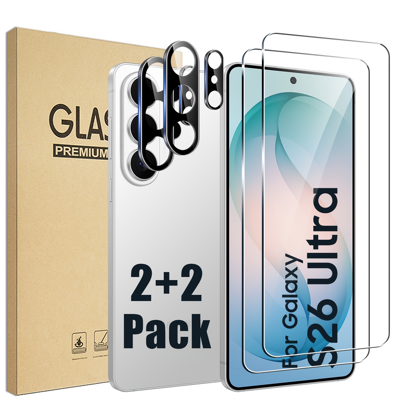 E-shop 2+2er Pack, kompatibel mit for Samsung Galaxy S26 Ultra/S26+/S26 Plus, enthält 2 Stück Kameraobjektivschutz aus gehärtetem Glas 2 Stück