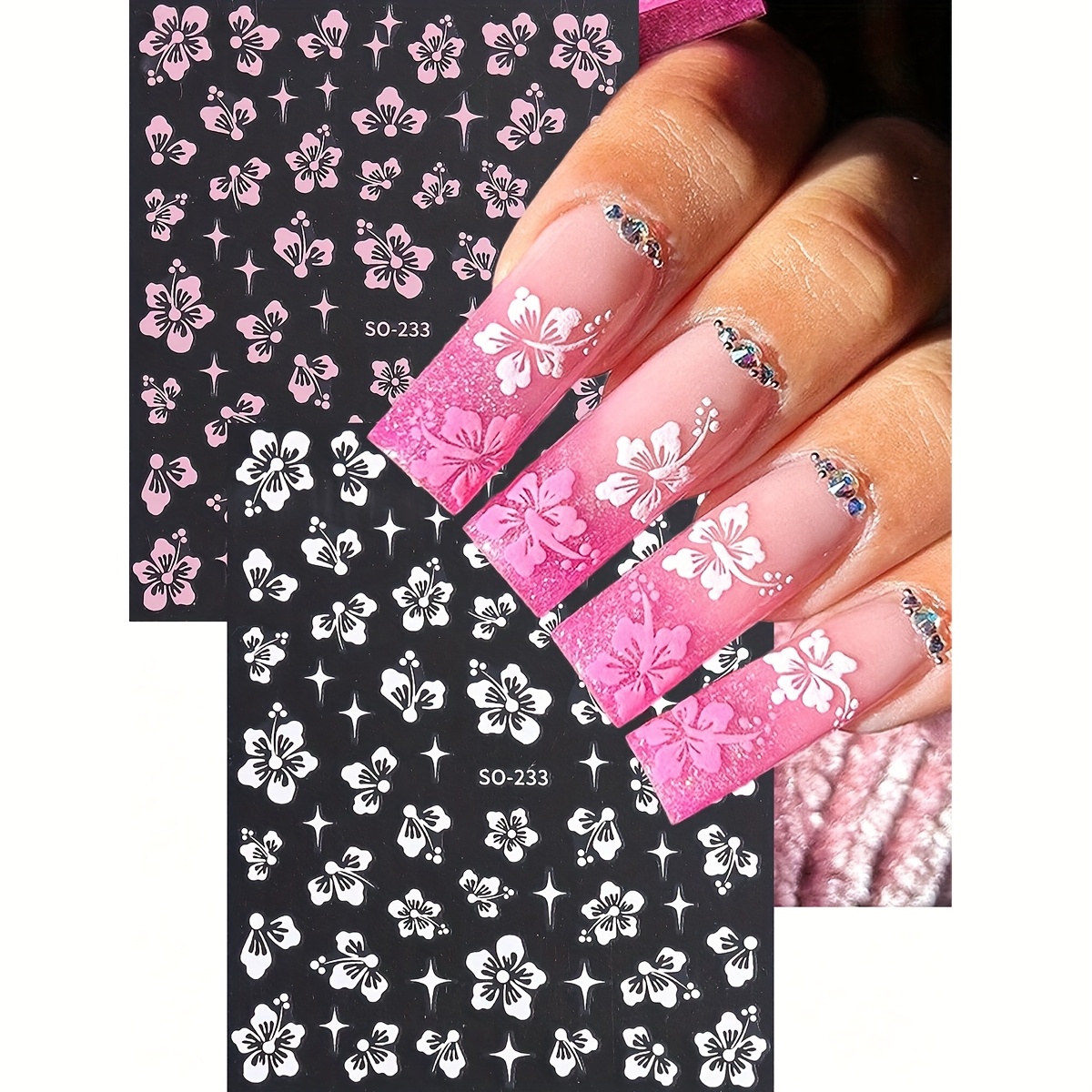 Image of 2pcs Spring Summer Floral Nail Stickers - Self-adhesive Hibiscus Flower & Star Designs, Pet Disposable Nail Art Decals For Women, Easy Diy Manicure Decor (), Nail Accessories