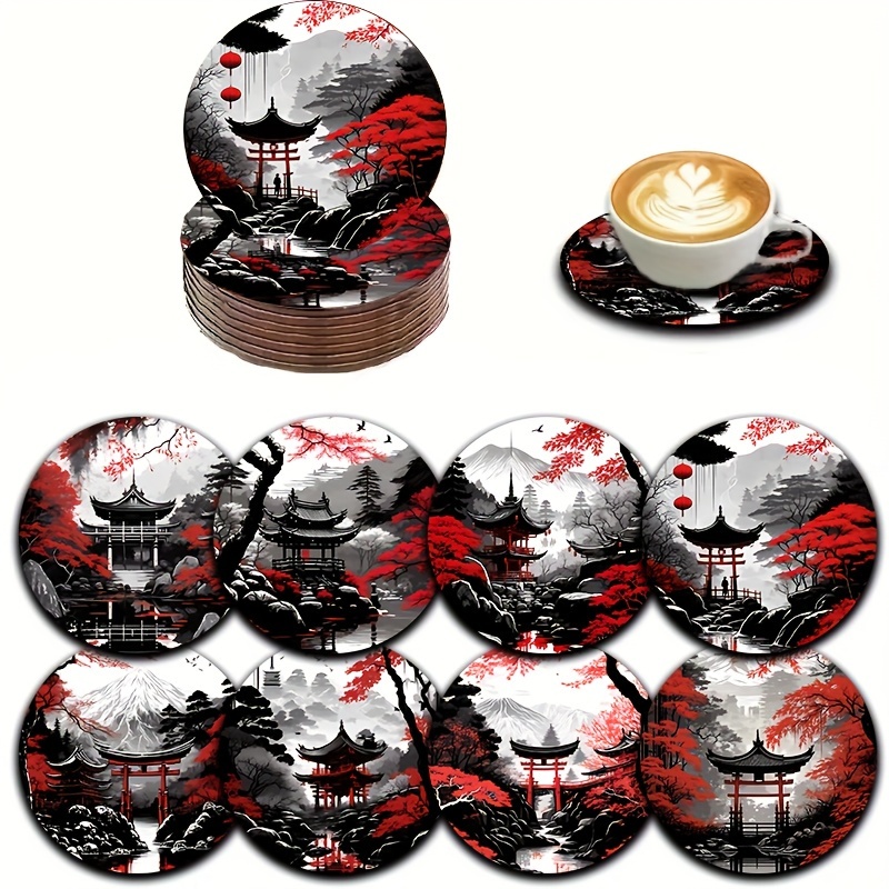 

8pcs Japanese Landscape Wooden Coasters Set, Painting, Bird Gate, , , Pads, Coffee & Drink Mug Coasters, Home & Dining Decor, Ideal Housewarming Gift & Friends