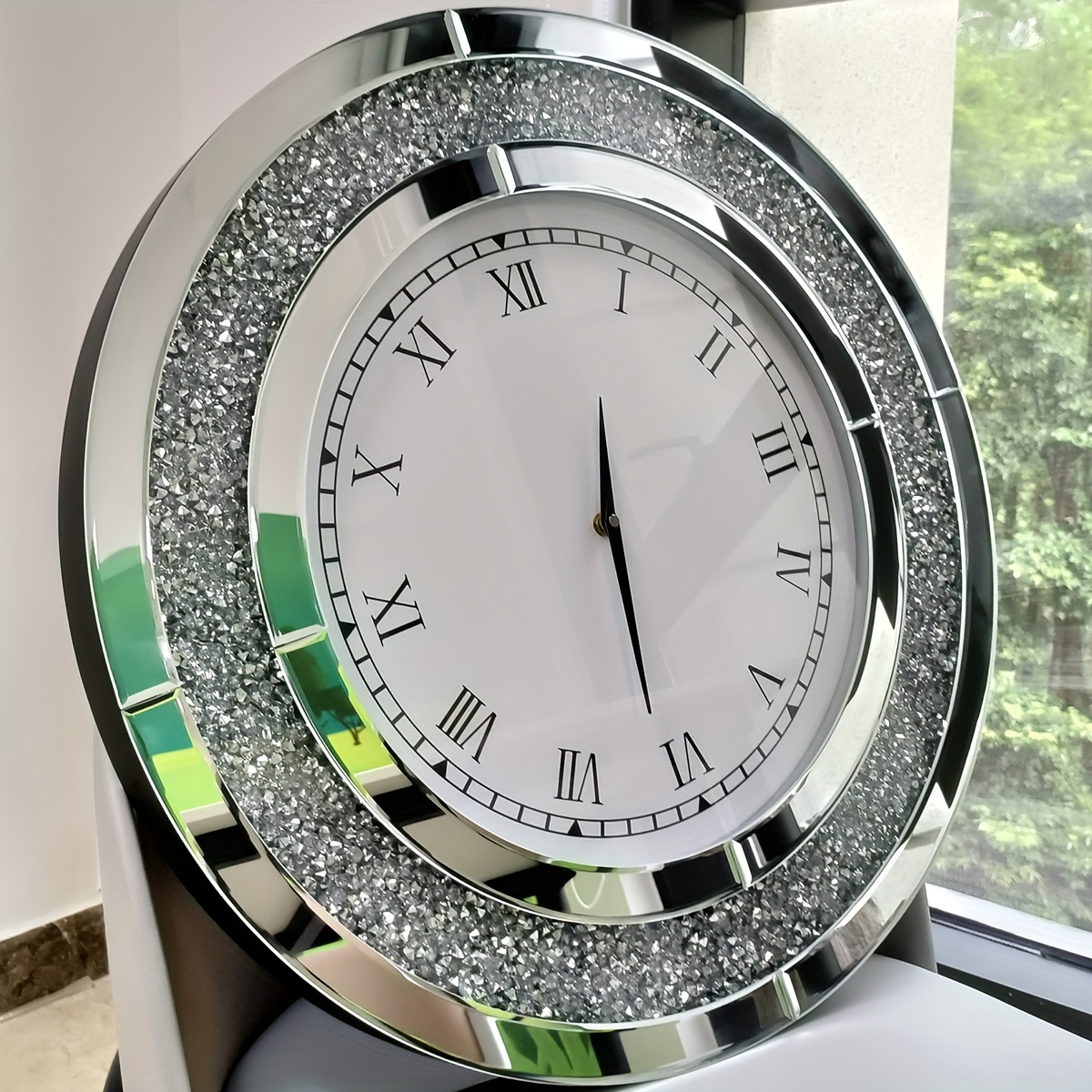 Image of Mirrored Wall Clock Crushed Diamond: 60cm Silent Silver Sparkle Bling Aesthetic Look Hanging Clock Crystal Inlay Round Mirror Clock With Roman Large Hallway Mirror For Living Room Bureau Hotel Gift