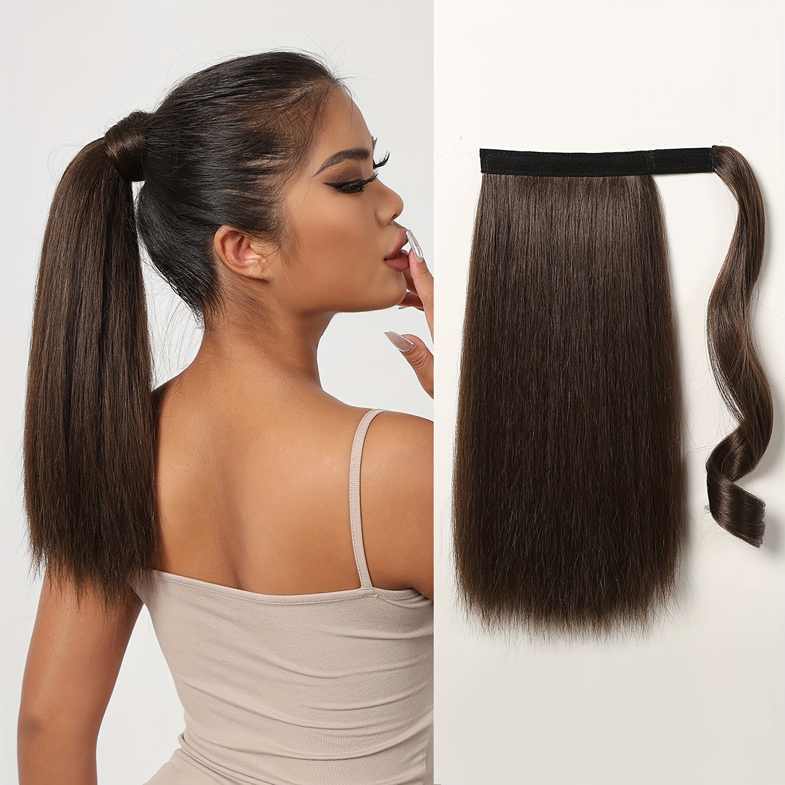 16 inch straight ponytail hair extension 90g synthetic clip in long hair wrap with magic drawstring versatile for all women   hair accessories suitable for birthday party wedding reception mothers day gift for mom mother details 0
