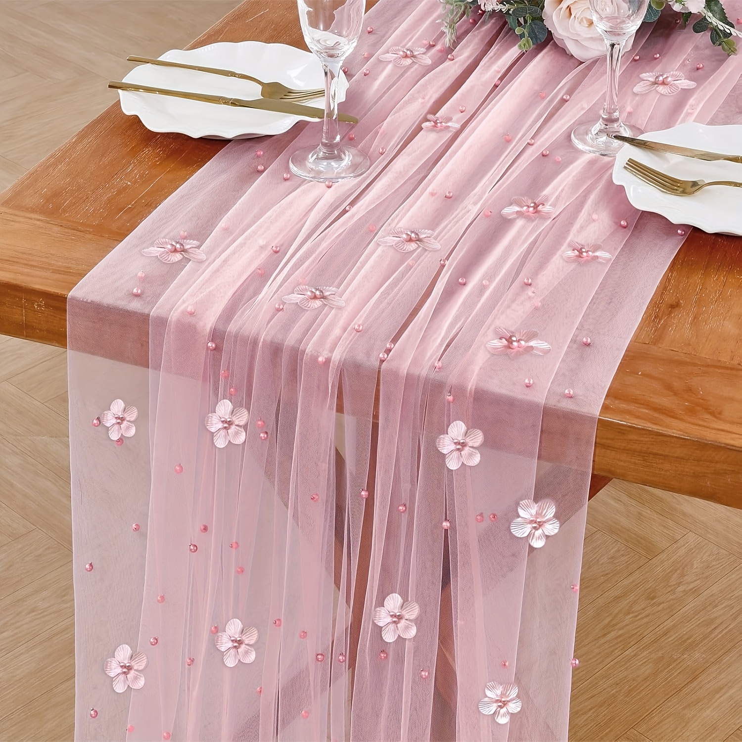 1pc 300cm Long Pink Pearl Petal Net Table Runner, Christmas Decor, Festive Decoration