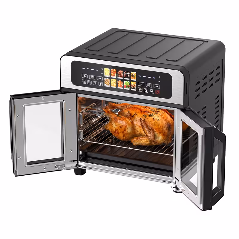 27 5qt large french door air fryer toaster oven combo suitable for convection oven with smart rotisserie dehydrator rotating oven dehydrator function independent dual fans sync mode led touchscreen plug details 2