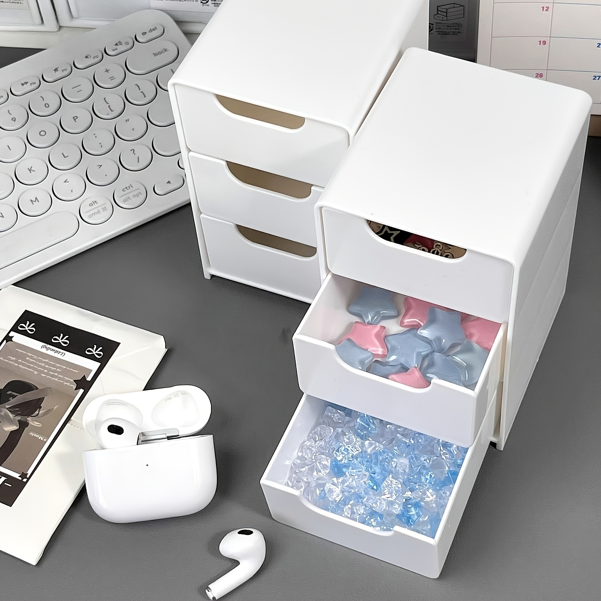 2pcs 3-Tier Drawer Storage Box, Stackable Containers for Office & Crafts