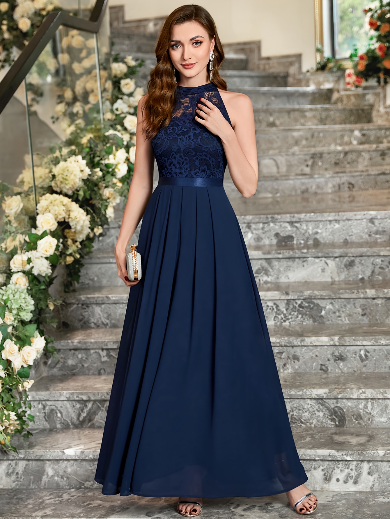 Bridesmaid Plain Blue Maxi Dress Plain Tiered Mesh Maxi Dress