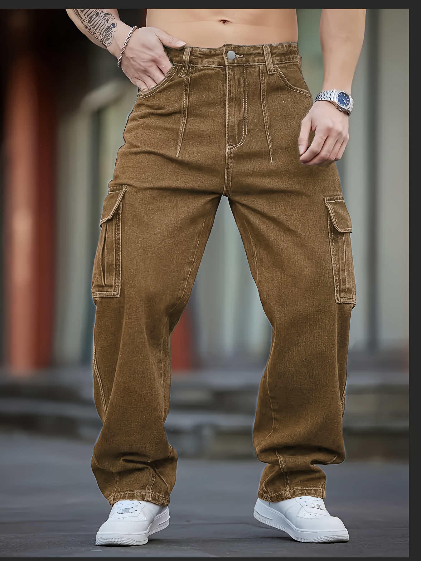 mens washed dark brown cargo jeans multi pocket Temu Germany