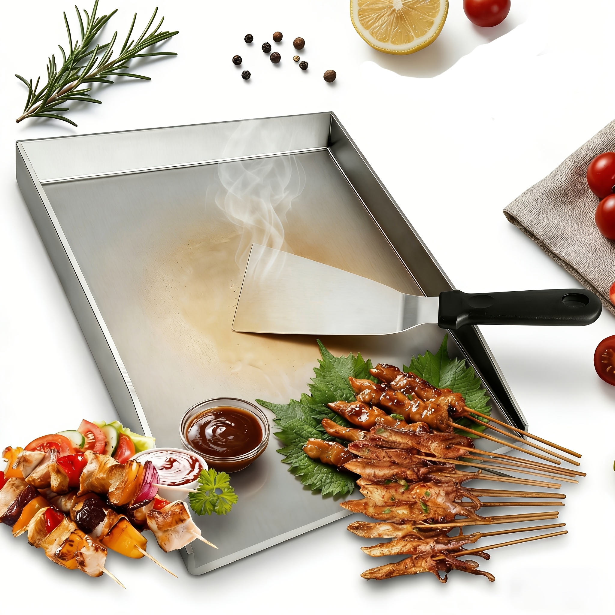TEMU Stainless Steel Grill Pan, Equipped With Knife And Spatula, 30cm * 20cm Rectangular Grill Pan, Barbecue Outdoor Supplies, Barbecue Grill Pan,
