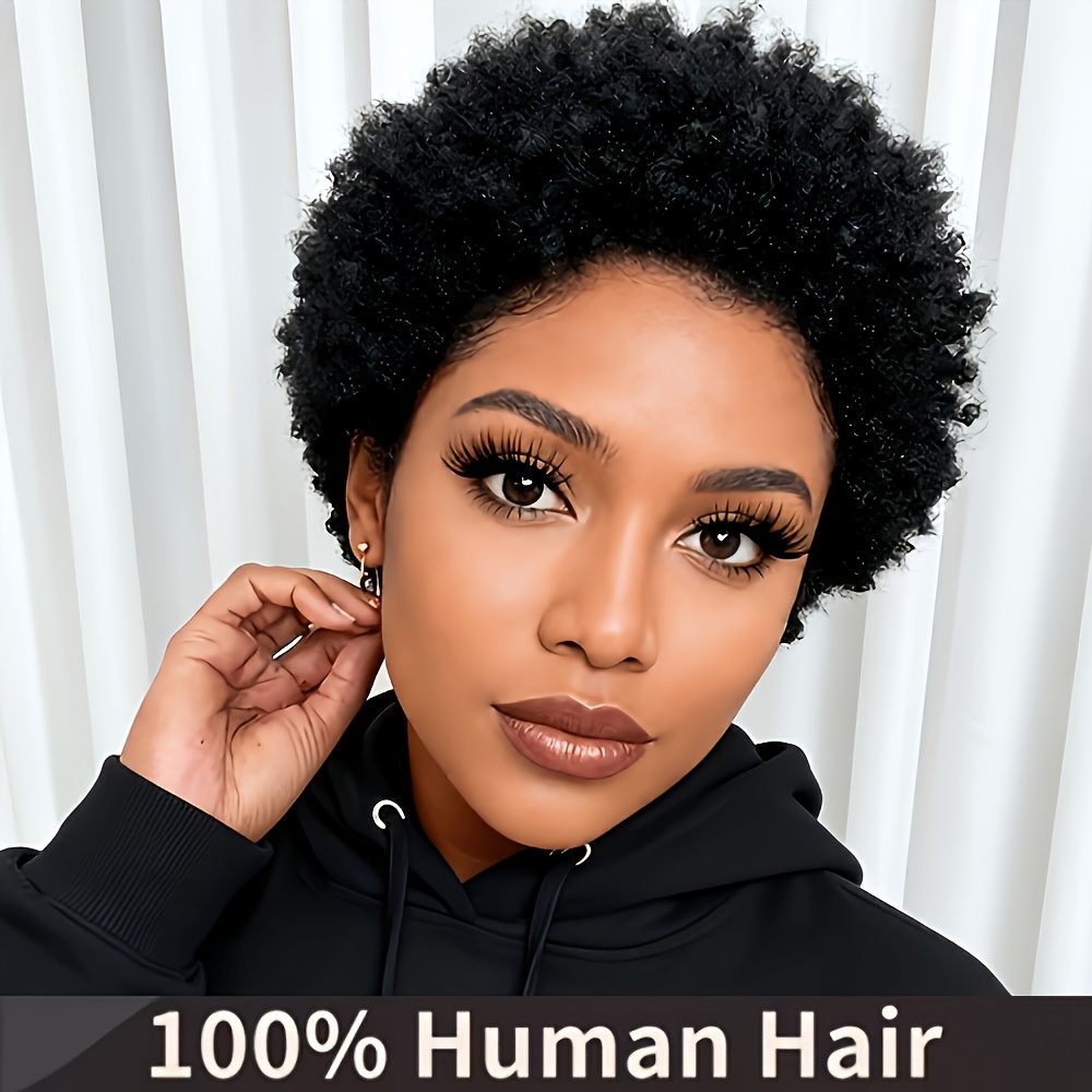 TEMU Perruque pour femme en cheveux humains noirs naturels, adaptée à toutes les carnations - Coupe courte afro bouclée/crépue avec une de 150 %,