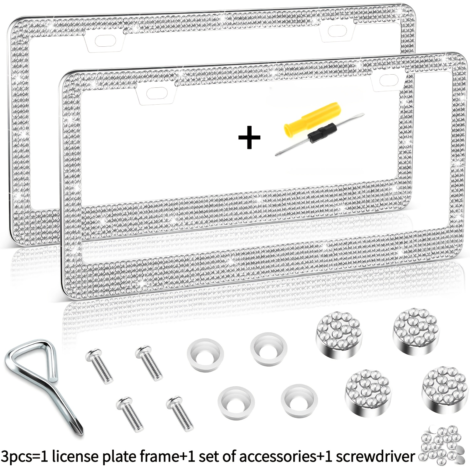 TEMU 3pcs Set: 1 License Plate Frame + 1 Set Of Accessories + 1 Screwdriver. Square Hole Stainless Steel -inlaid License Plate Frame, Stainless Steel