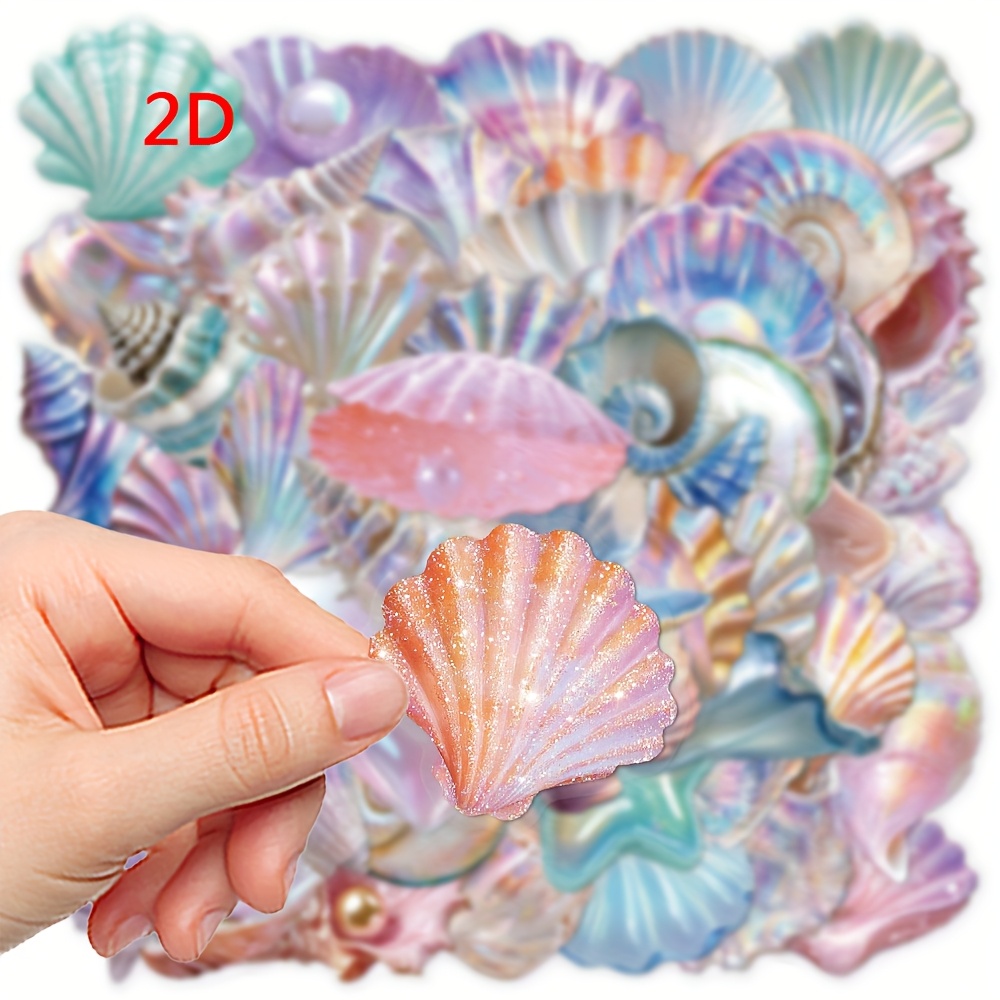 50pcs Holographic Reflection Shell Ins Cute Stickers Transparent 2d Vintage Aesthetics Funny Doodle Cartoon Deacls Pack Halloween Decoration Suitcase Luggage Party Gift