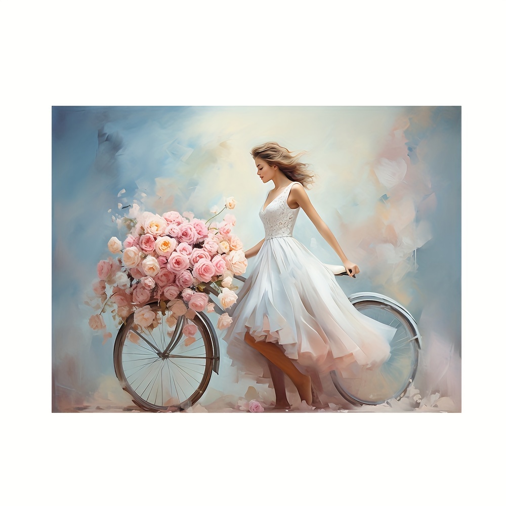

Charming Floral Bicycle Woman Canvas Art Print - Whimsical Rose Garden Oil Painting, Romantic Wall Decor For Home & Office, 12x16 Inch, Frameless