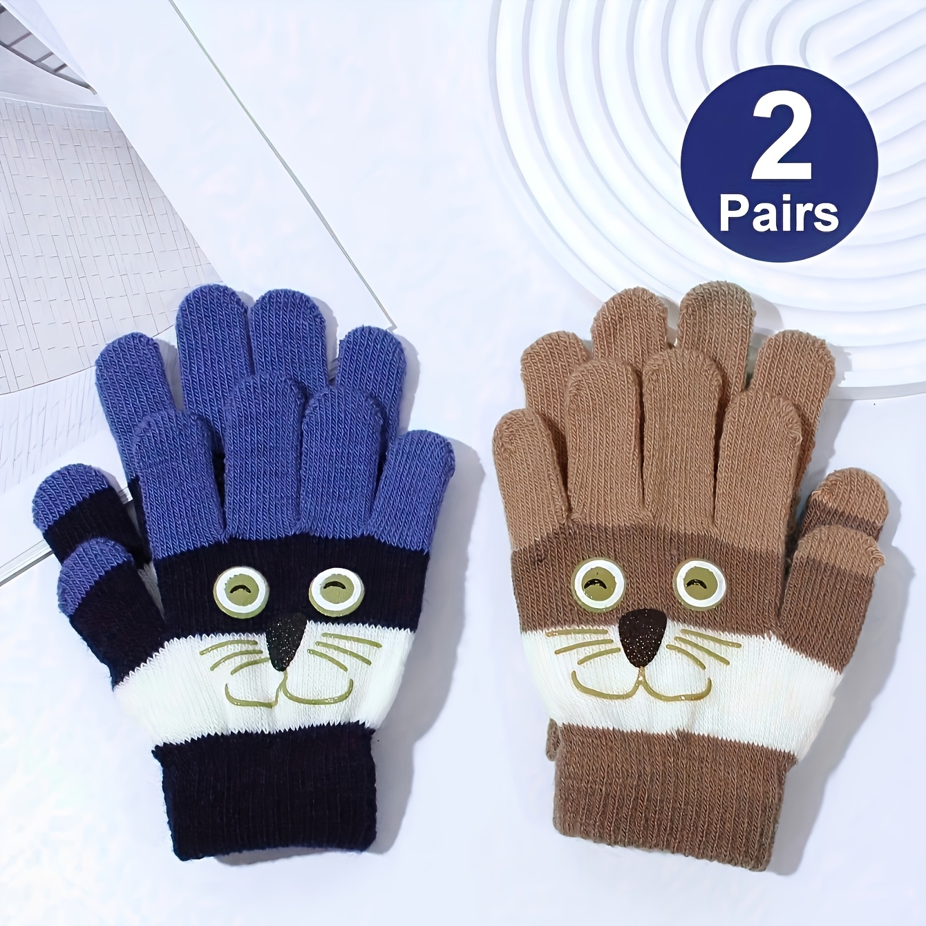 Image of 2-pack ' 2-4y Cute Knitted Gloves With Doggy Mustache For Outdoor And Daily Use In Autumn/winter