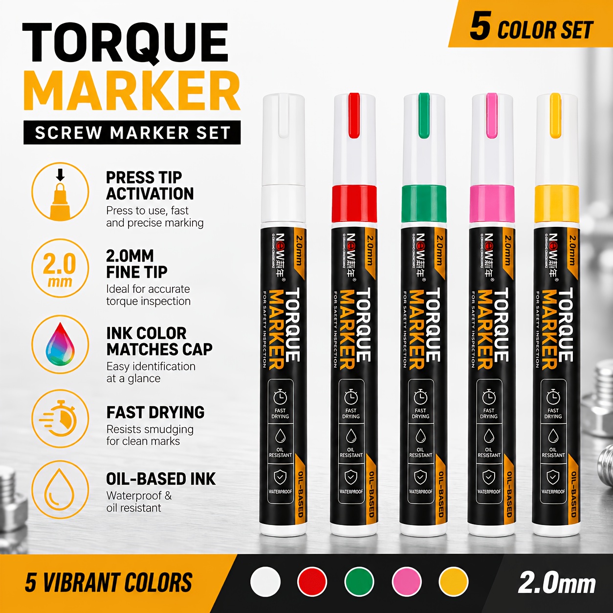 TEMU Lot de 5 marqueurs de couple multicolores, stylos de vérification de boulons à poussoir à base d'huile, à séchage rapide, résistants à l'huile,