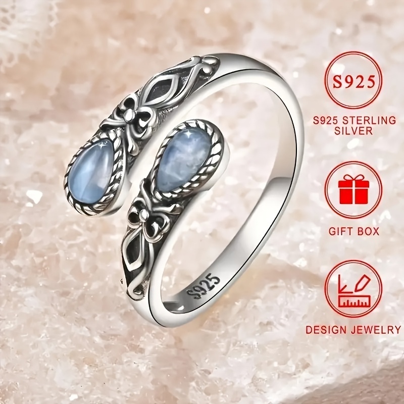 TEMU 1pc Vintage Boho Style S925 Sterling Silvery Spoon Ring, Synthetic Stone, Adjustable Thumb Design, Hypoallergenic Nickel-free, Silvery Plated,