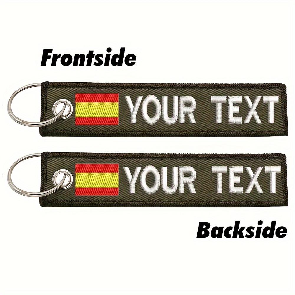 1 llavero bordado personalizado con logo de la bandera de España, llavero bordado de doble cara con etiqueta de nombre de texto personalizado