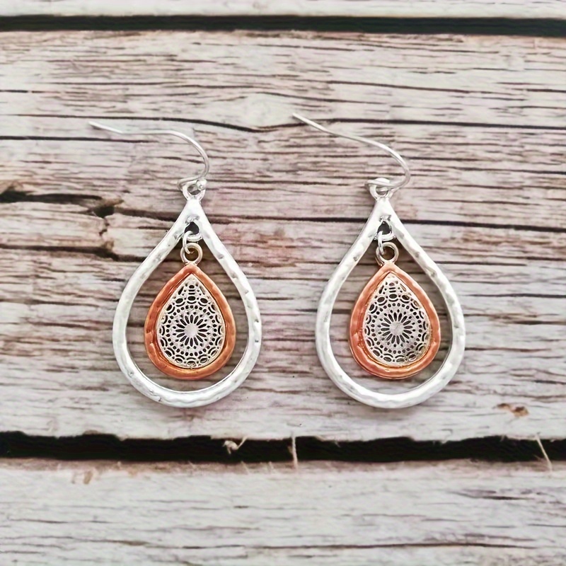 

Vintage Boho Teardrop Earrings - Alloy Drop & Dangle Earrings With Carved Floral Pendant For Women, No Plating - Perfect For Daily And Party Occasions