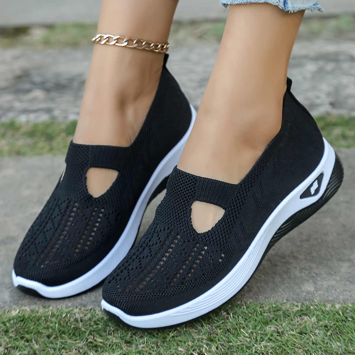 1 Pair Women'S Breathable Open Toe Sneakers, Casual All-Season Slip-On Walking Shoes, Lightweight Flat Sole with Solid Color Design, Comfortable Fabric Upper/Inner and Faux Sole