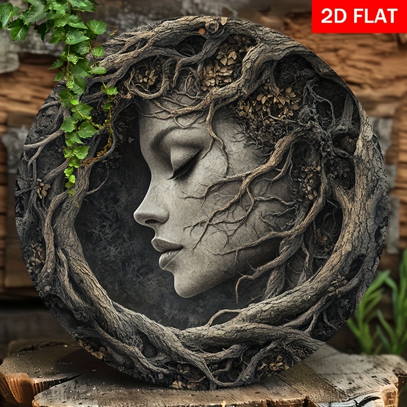 TEMU 2d Flat - A 2d Aluminum Wall Art Plaque With A Featuring A Female Face , Nature. This Round Metal Sign Is Suitable For Home, Farm, Or Garden