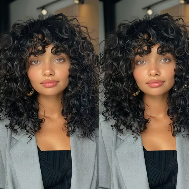 glueless brazilian human hair wig with bangs 200 density machine made natural look for daily use authentic hairline design cap for all versatile hairpiece curls Product details 1