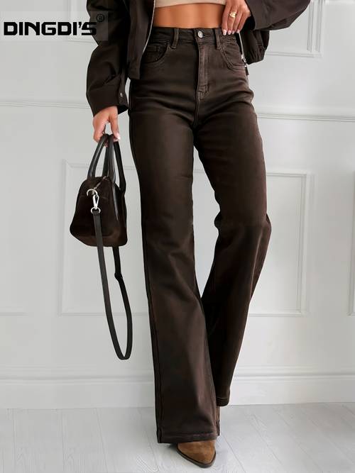 womens 2026 new stretchy colored flared jeans high waisted tummy control brown jeans washed solid color denim trousers elegant ladies clothing weared pantalones business casual pants for travel work and office