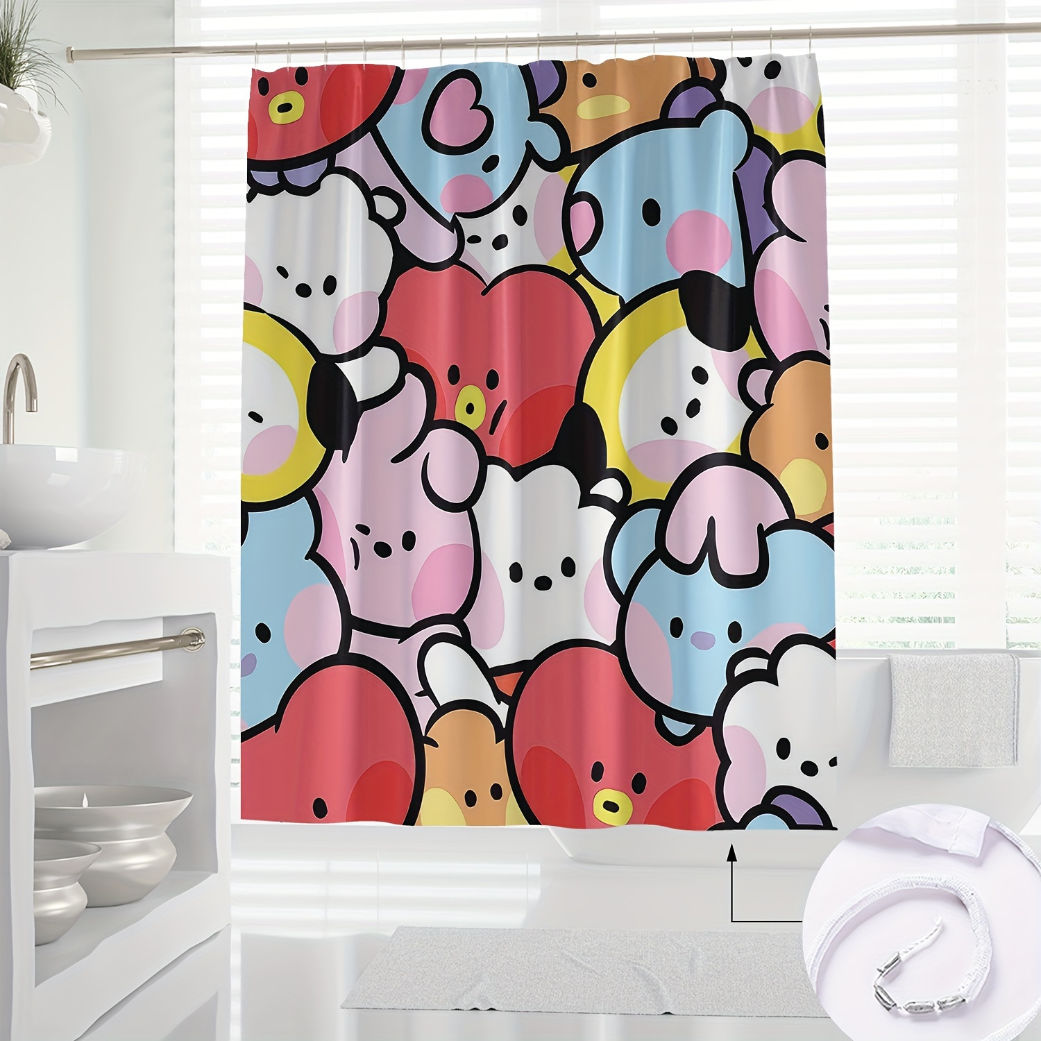 

Bts Cartoon Shower Curtain: 180cm/70.87in X 180cm/70.87in, Waterproof, Partial Lining, Artistic Design, Knit Fabric, Suitable For All Seasons