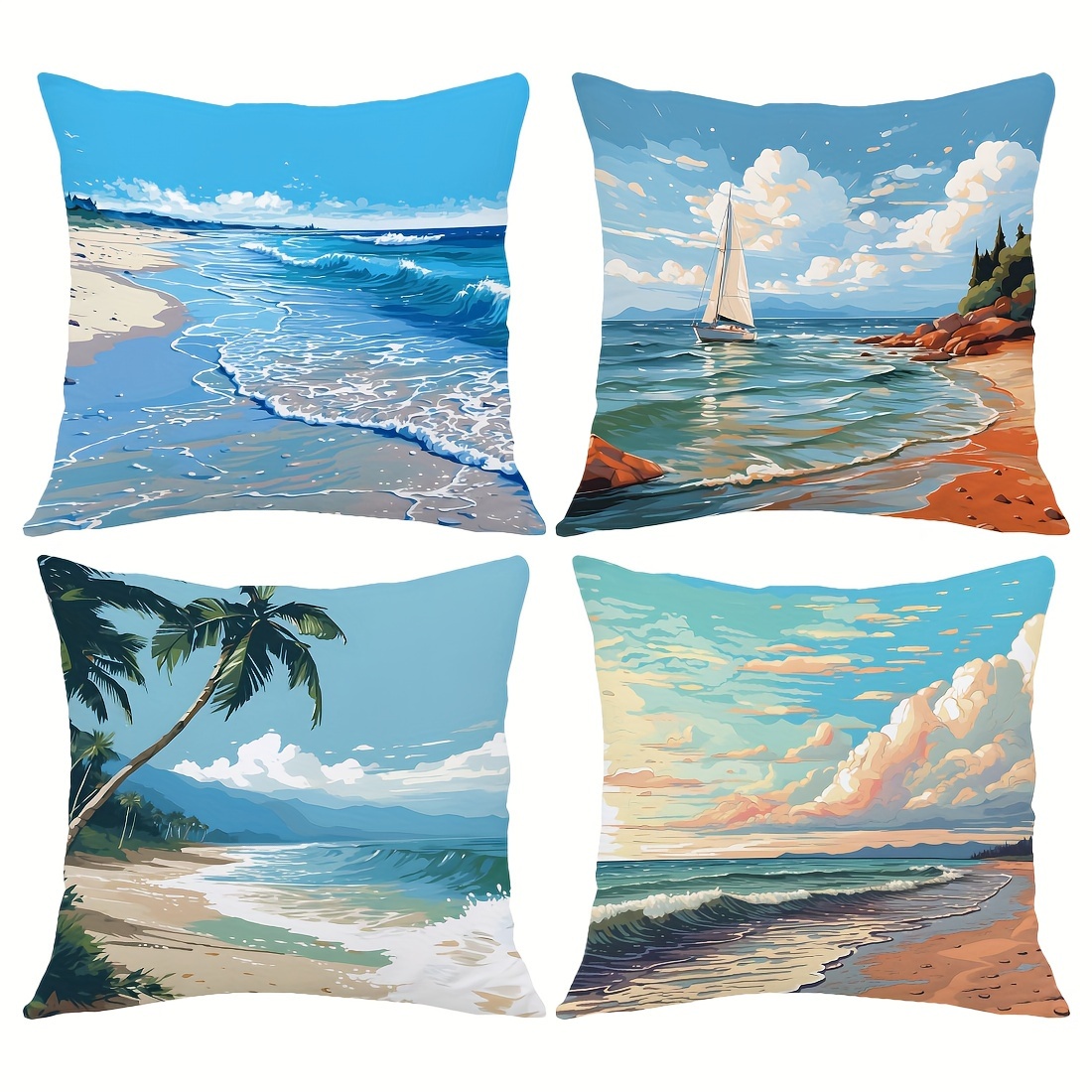 

4pcs, Beach Illustration Peach Velvet Pillowcase Set, Comfortable Pillowcase For Home, Living Room, Bedroom, Sofa Cushion Cover