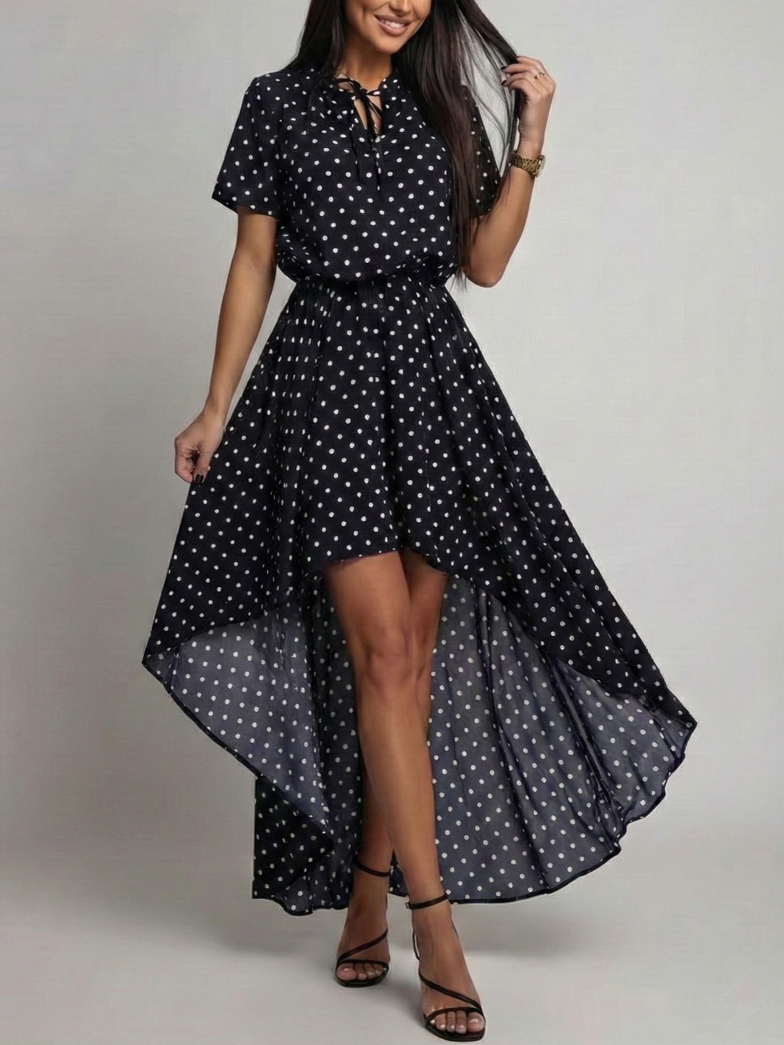 Retro Black Background White Polka Dot Dress Women Short-Sleeved Neckline Tie Waist Front Short Back Long Irregular Swallowtail Skirt Flowing Chiffon Long Skirt Light Mature Style Daily Dating Vacation Versatile Dress