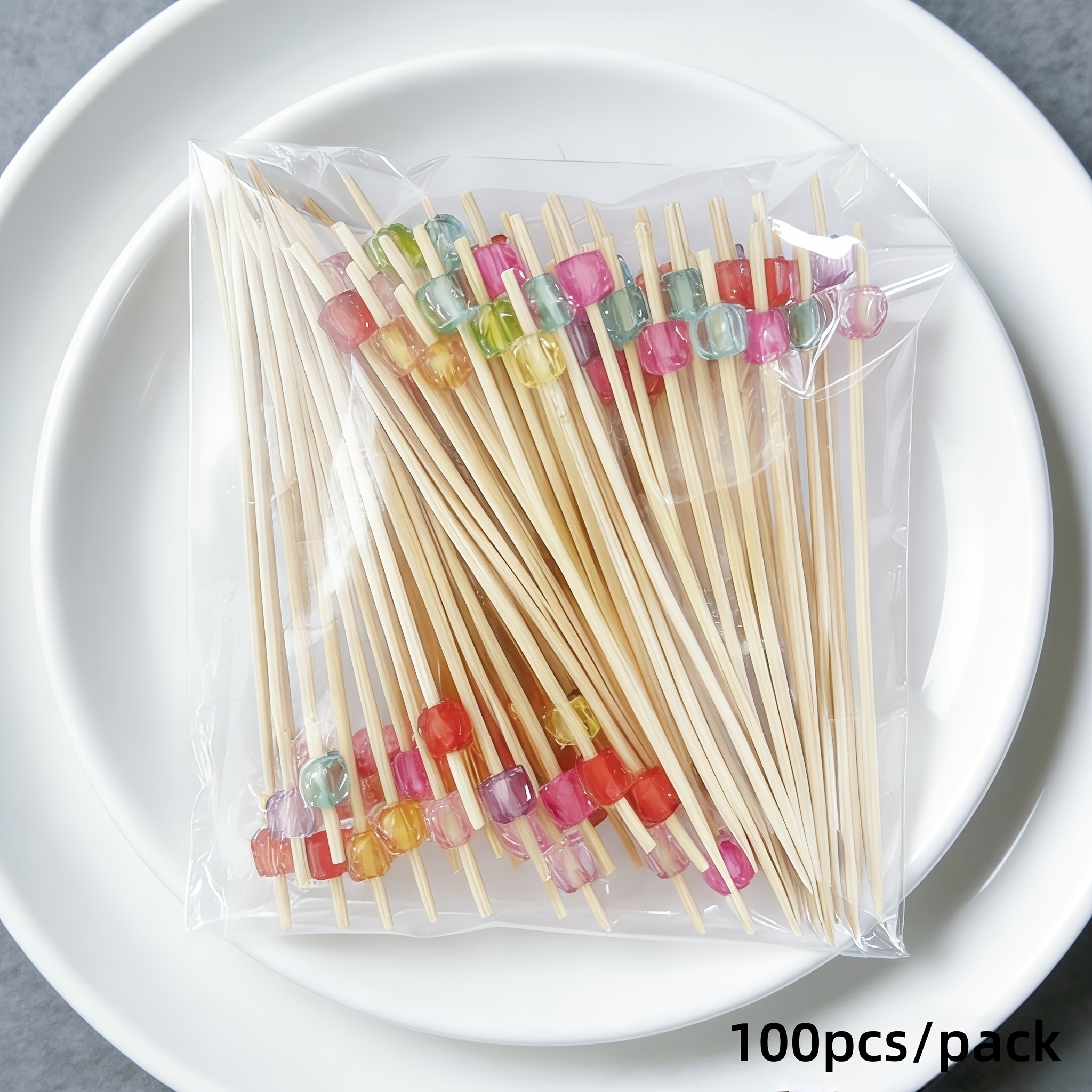 Image of 100pcs/pack Colorful And Square Beads (12cm/4.72in) Disposable Fruit Decoration Tags And Cocktail Tags Suitable For Bar, Restaurant, Theme Party, Dessert, Cake, And Fruit Platter Decoration