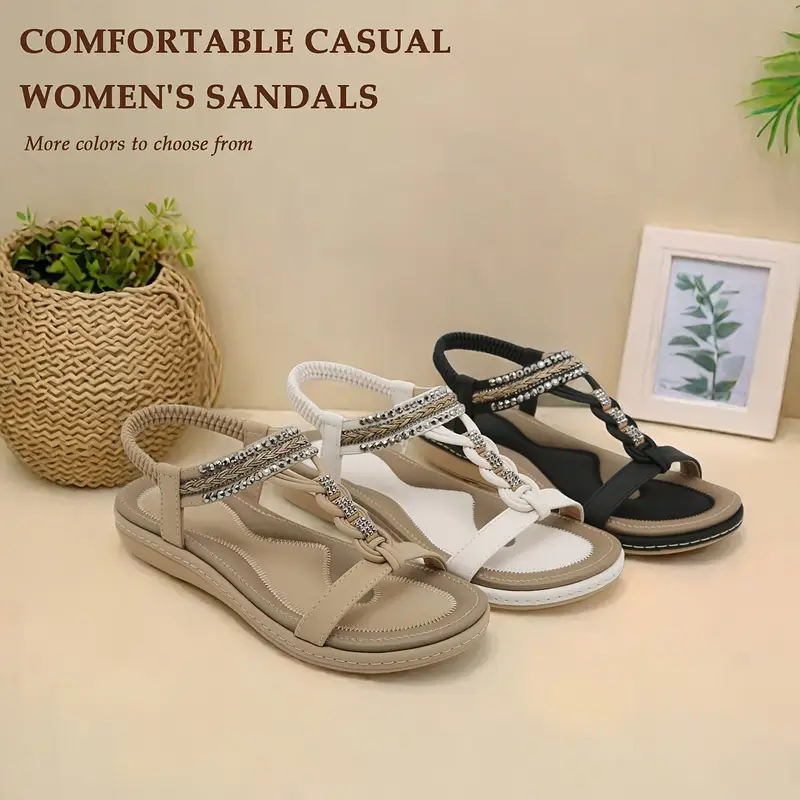 womens bohemian flat sandals elastic ankle strap open toe summer with pu cover upper rubber sole comfortable casual dressy footwear for casual attire strappy sandals comfortable footwear durable traction footwear vacation shoes stylish footwear lightweight construction vacation essentials Product details 0