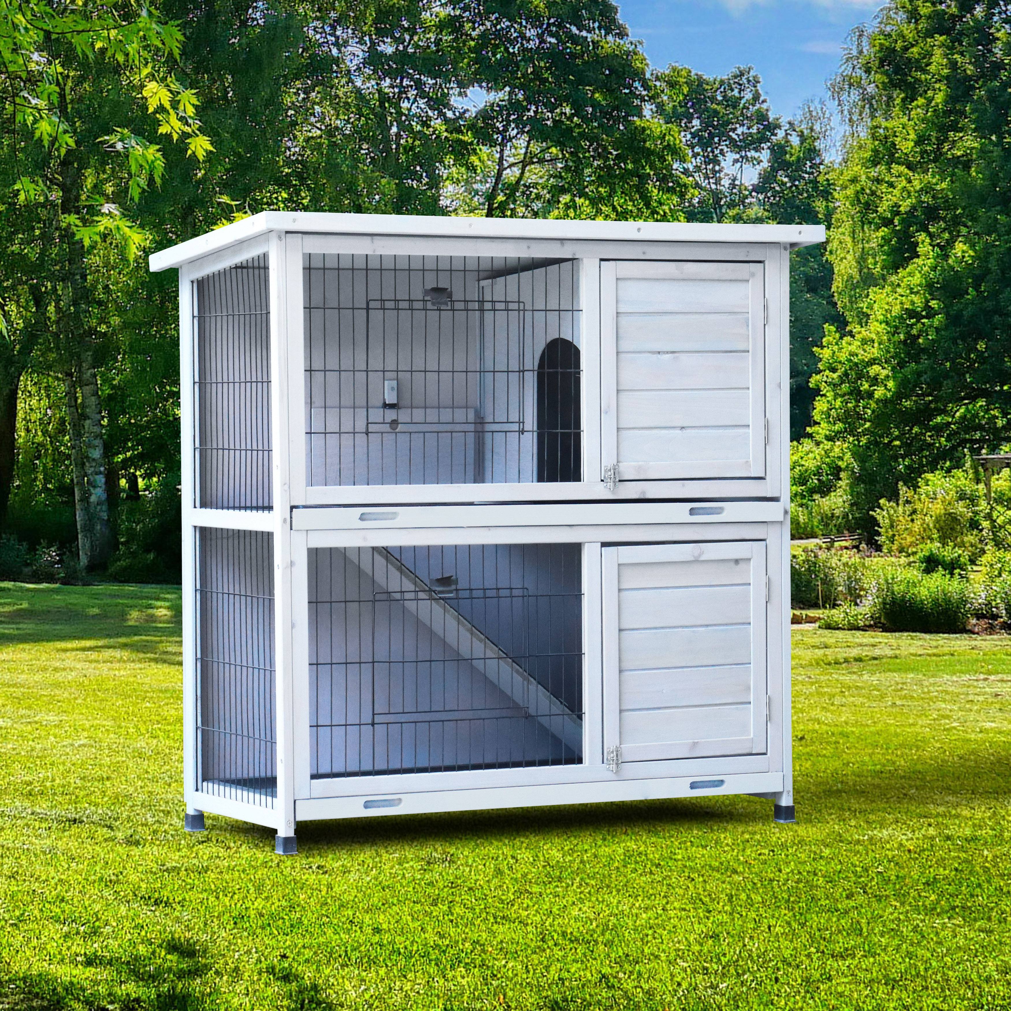 local warehouse rabbit hutch outdoor 2 story rabbit cage indoor with run bunny cage with 2 removable no leak trays pet cages with non slip ramp waterproof roof fence for small animals