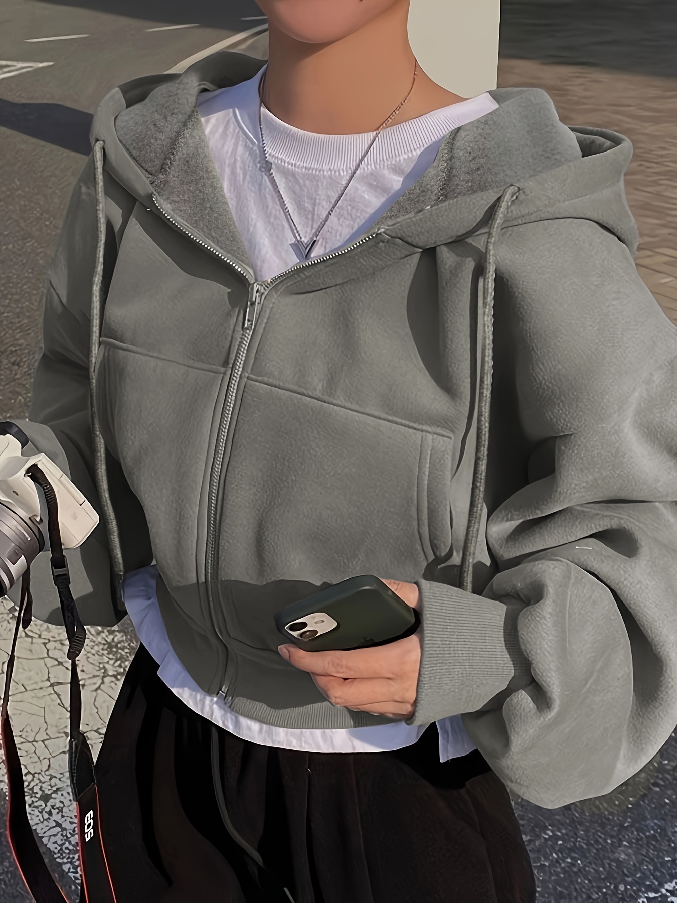 womens fleece lined cropped hoodie   fit zip up winter sweatshirt with metal zippers solid color elegant style for fall winter sweater hoodie cold   smooth texture fabric grey 0