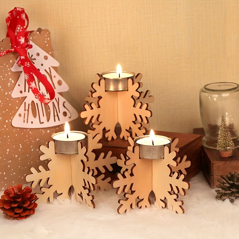 Image of 3pcs Wooden Snowflake Christmas Candle Holders, Creative Christmas Home Decor, Suitable For Dining Table, Coffee Table, Living Room Desktop Decoration, Perfect Christmas Room Decoration