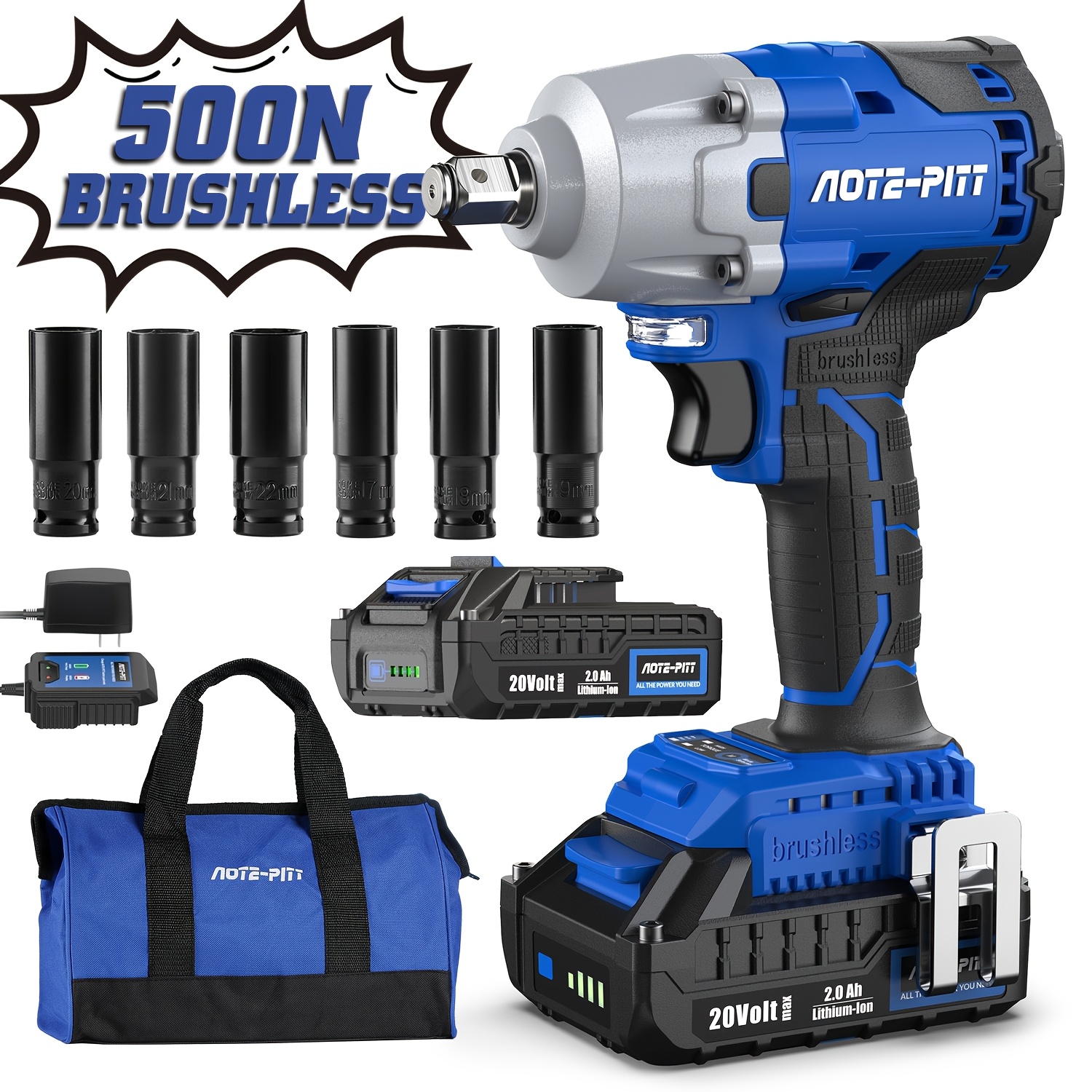 

20v 370 Ft-lbs Brushless Impact Wrench Kit, 1/2 Inch Cordless Electric Impact , 3, 400 Ipm Impact Driver With 6 Pcs Drive Impact Sockets, Battery, Fast Charger, And Tool Bag