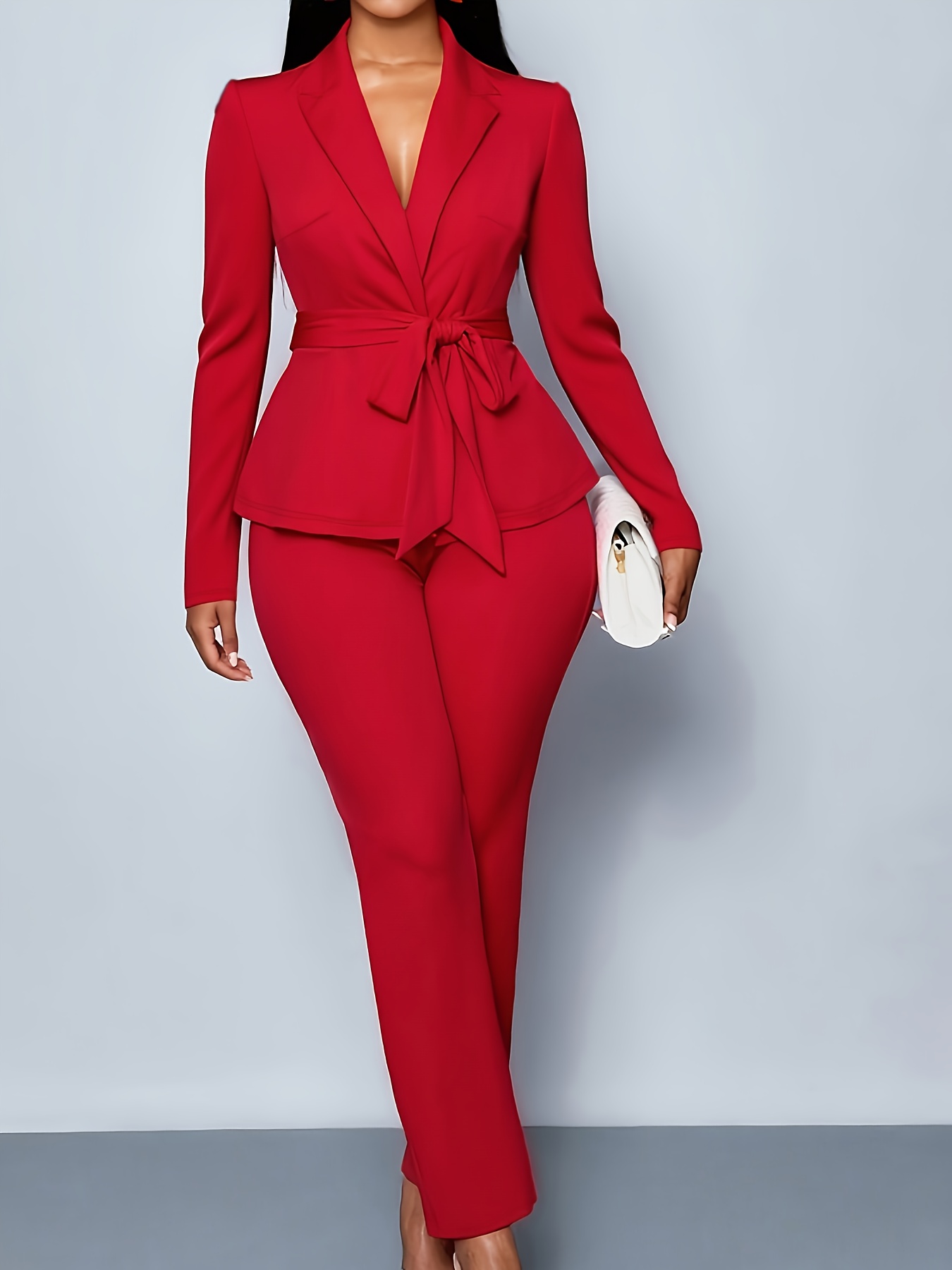 ladies elegant solid color long sleeve   and belted pants set suitable for casual  