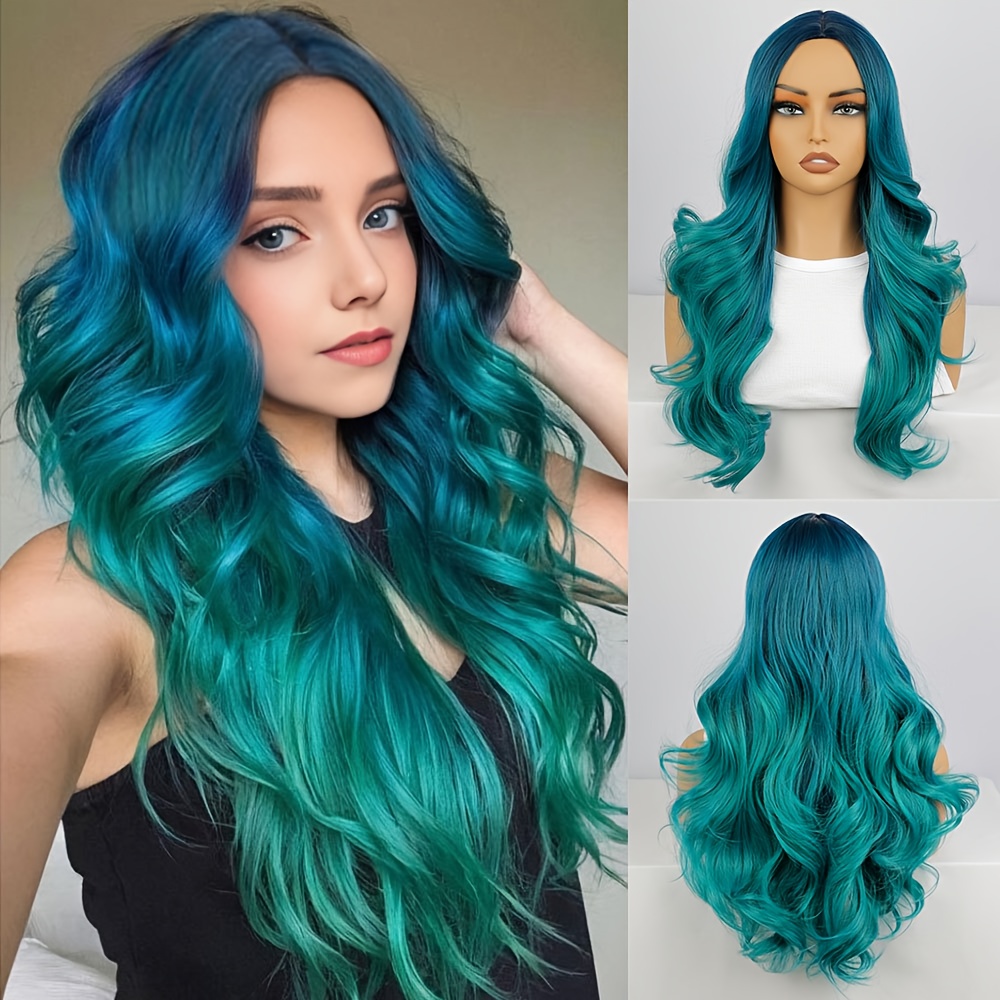 E-shop Damen Lange Wellenperücke mit geteilten Ponyfransen, Ombre Frühlingsperücke, Fließende Body Wave Synthetische Haarperücke, Hohe Dichte mit