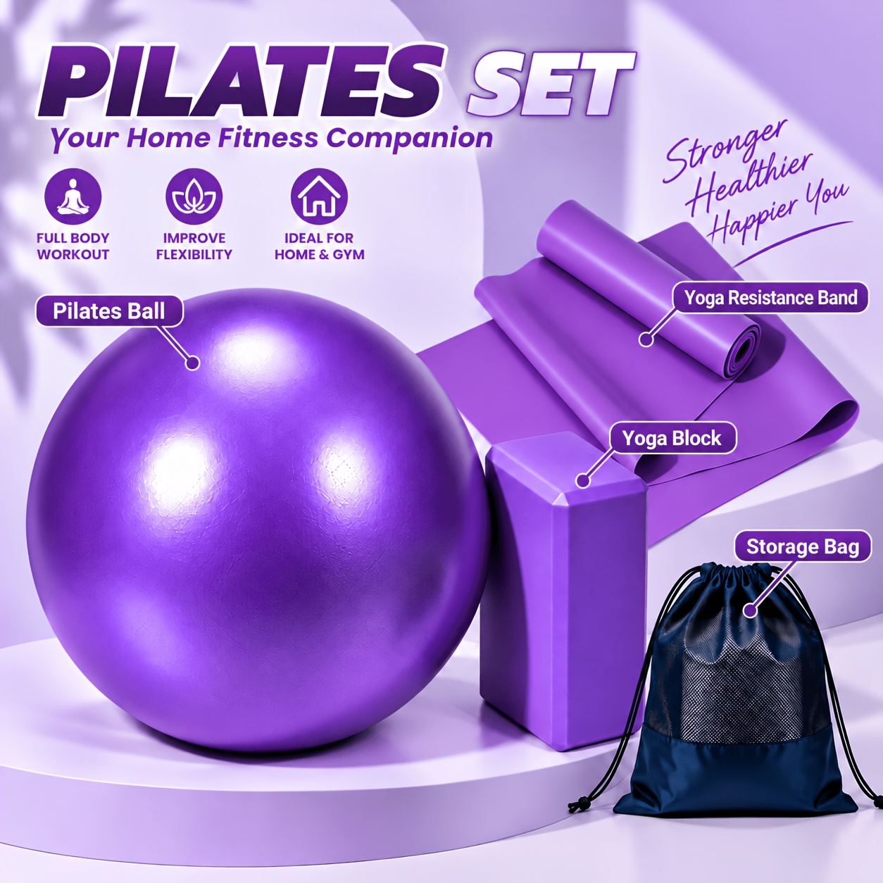 Yoga Combo Set with Yoga Block Pilates Ball Resistance Band Storage Drawstring Bag High Density EVA Block Portable All i