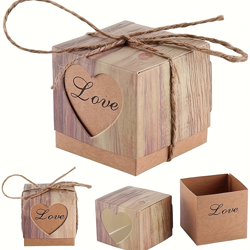 

10pcs Boîtes Cadeaux Vintage à Motif de Grain de Bois avec Nœud en Ficelle Naturelle - pour Anniversaires, , Diplômes, Anniversaires | Style Européen Élégant avec Découpe de Cœur Doré