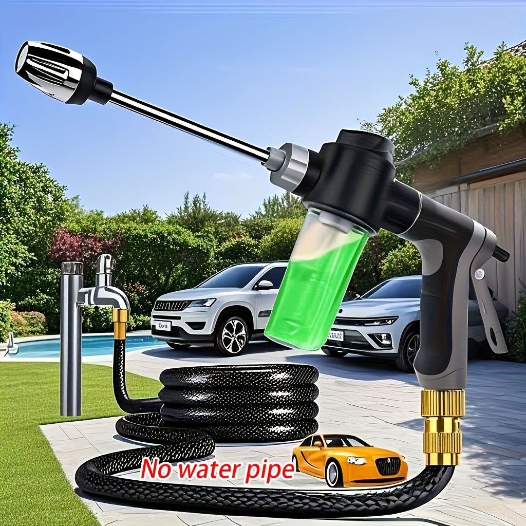 Image of （ Gun ，no Garden Hose）1pc High Pressure Water Gun With Foam Bottle And Long Handle - Adjustable Nozzle, Suitable For Cleaning, Watering - Ideal For Car Washing, Yard, Garden, Lawn Irrigation, Etc