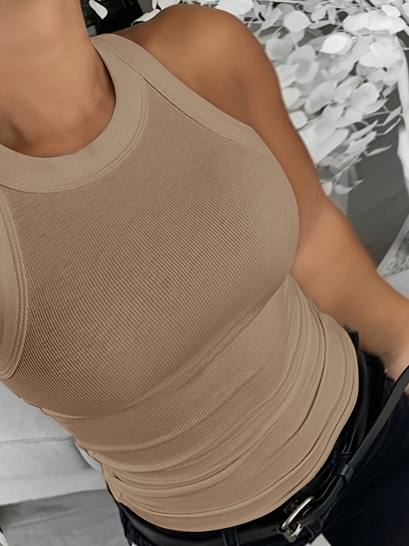 CHICME Women's Sleeveless Ribbed Tank Top - Plus Size Fitted Stretchy Casual Shirt, Solid White Round Neck All-Season Machine Washable Elegant Top, Ladies Tank Tops, Everyday Outfit, Classic Style, Comfortable Fit, Casual Attire