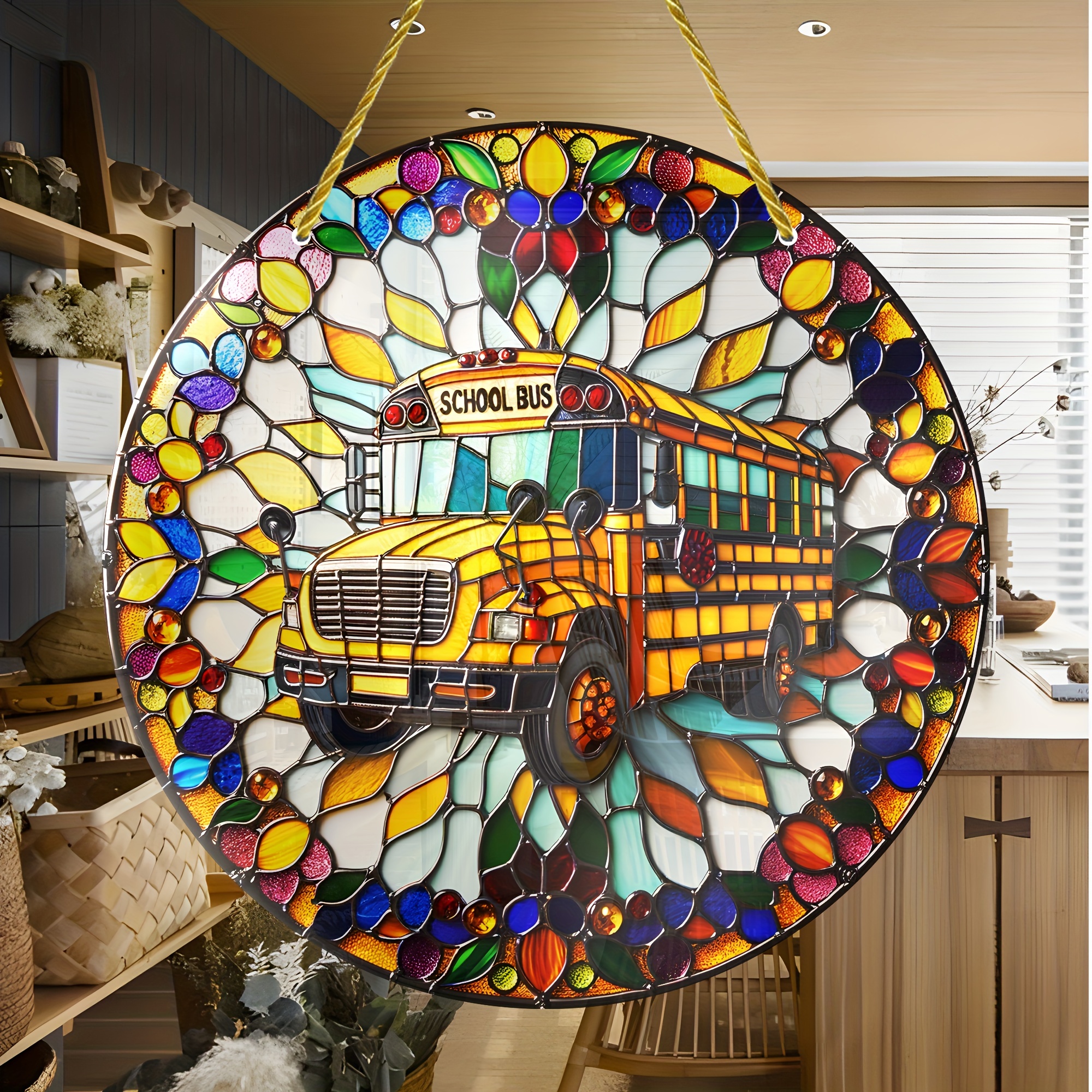 

School Bus Suncatcher Wall Decor, 8"x8" Artistic Glass Hanging Ornament For Indoor/outdoor, Housewarming Gift For Bedroom Office Patio Home Decor, Unique Sun Catcher For Door Porch Wreath Decoration