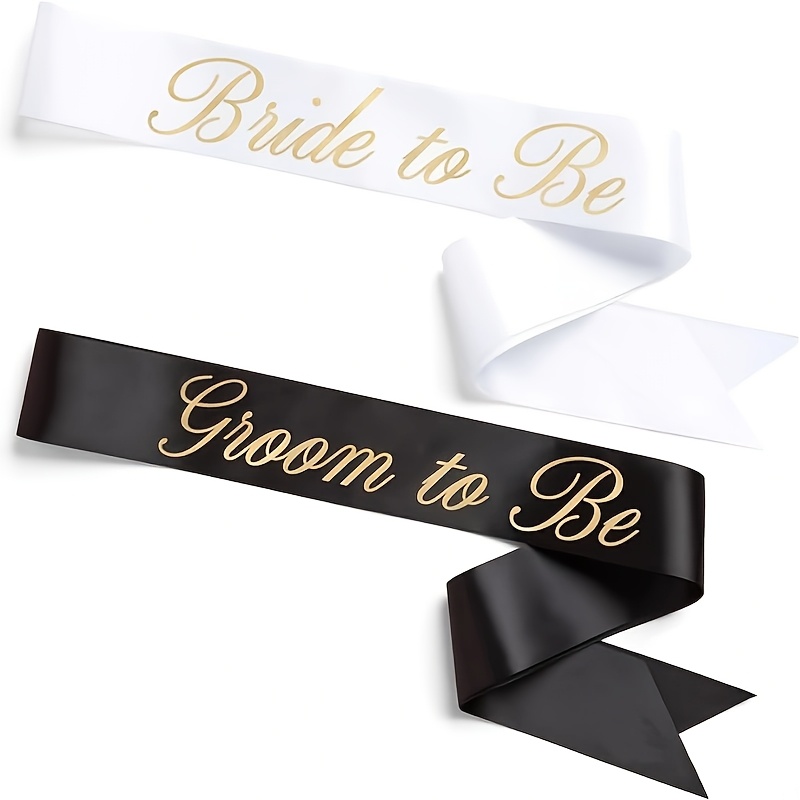 TEMU 2pcs Bride And Groom Sashes | White And Black Satin With Accents - Perfect For Bridal Showers, Engagement Parties, Bachelorette Decorations, And