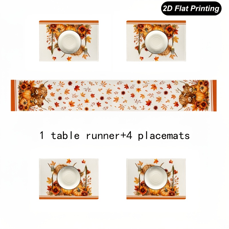 TEMU 5/7pcs Highland Cow Pumpkins Sunflowers Table Runner And Placemat, 1pc Table Runner And 4/6pcs Placemat, Seasonal Table Decorations, Country