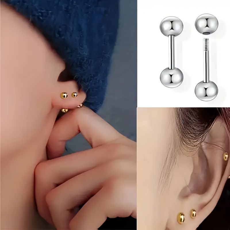 3 Pair Set Stainless Steel Barbell Stud Earrings, Unisex